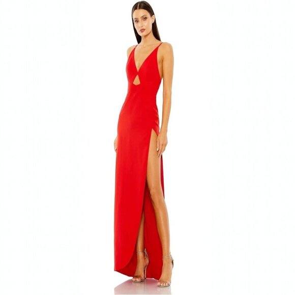Mac Duggal Red Thin Strap Cutout High Slit V-Neck Gown Size 8 NWT Size 8 - Picture 2 of 5